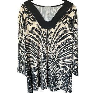 Chicos Travelers V-neck Tunic Top in Black and Cream, Chicos Size 2 , US L/12